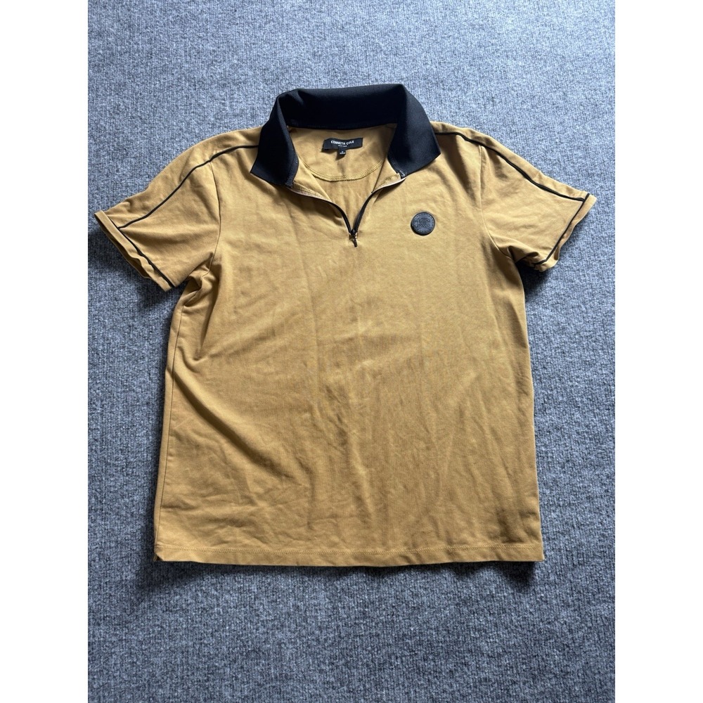 Kenneth Cole Mens Yellow Tan Quarter Zip Polo Shirt Short Sleeve Black Collar S